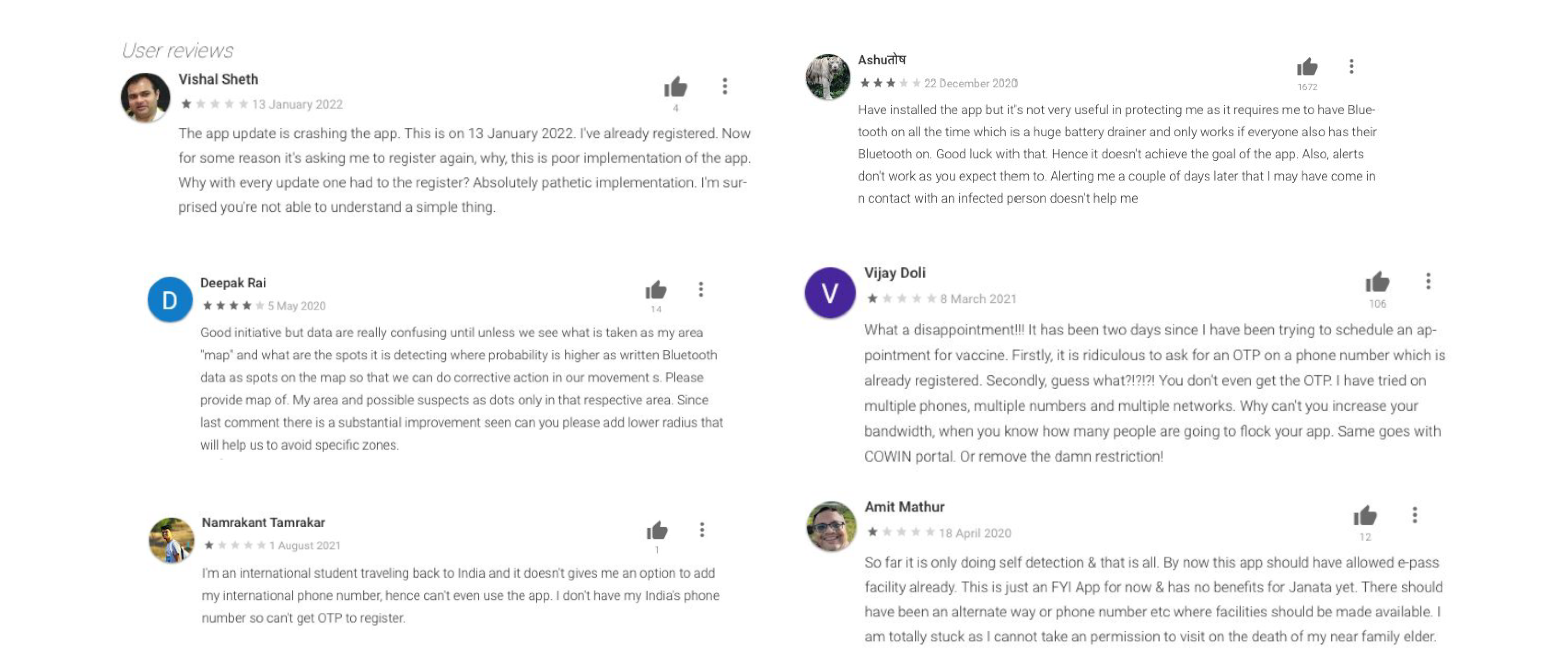 Playstore reviews of Aarogya Setu app