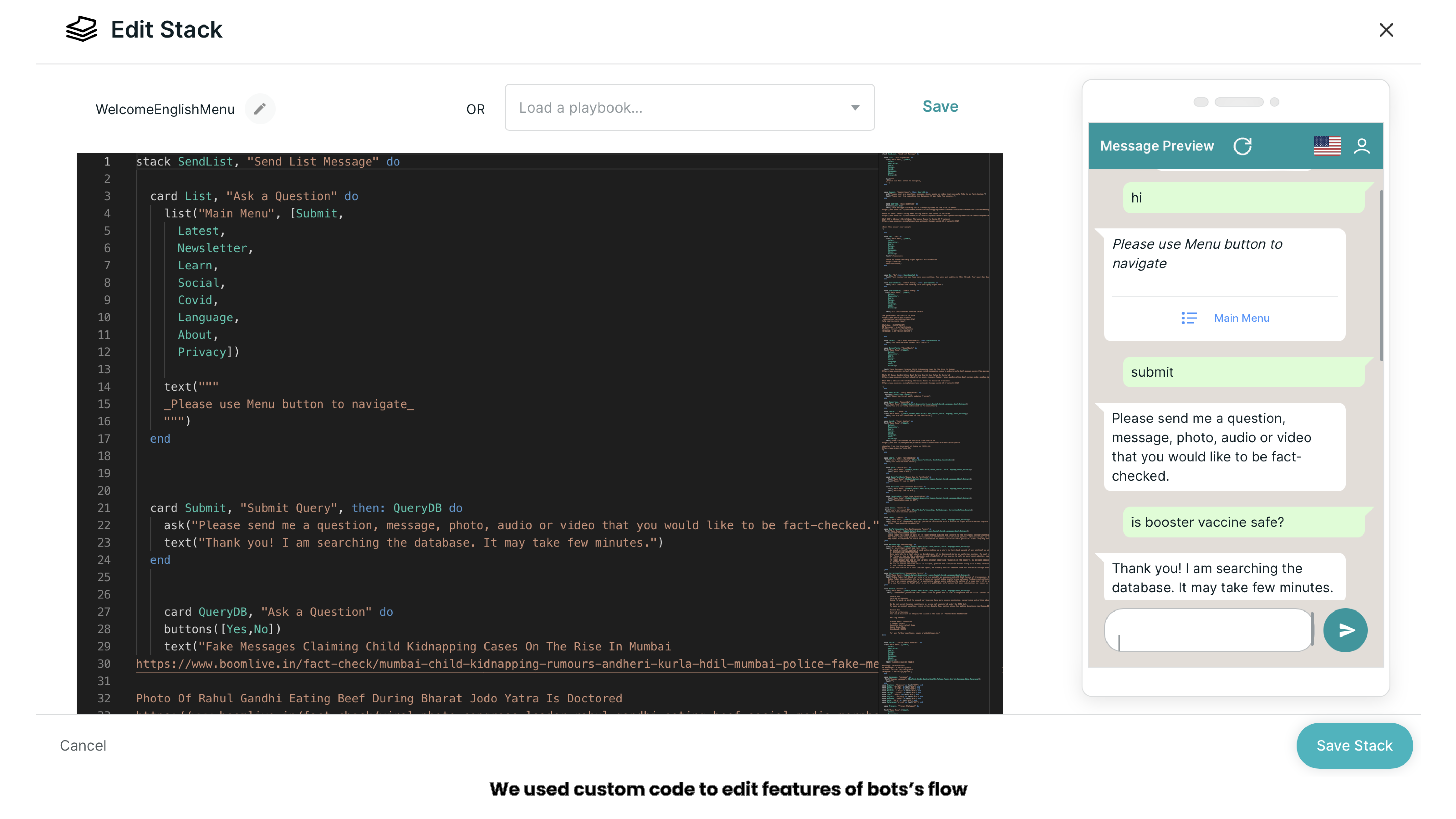 chatbot builder iterface with code and test chat screen